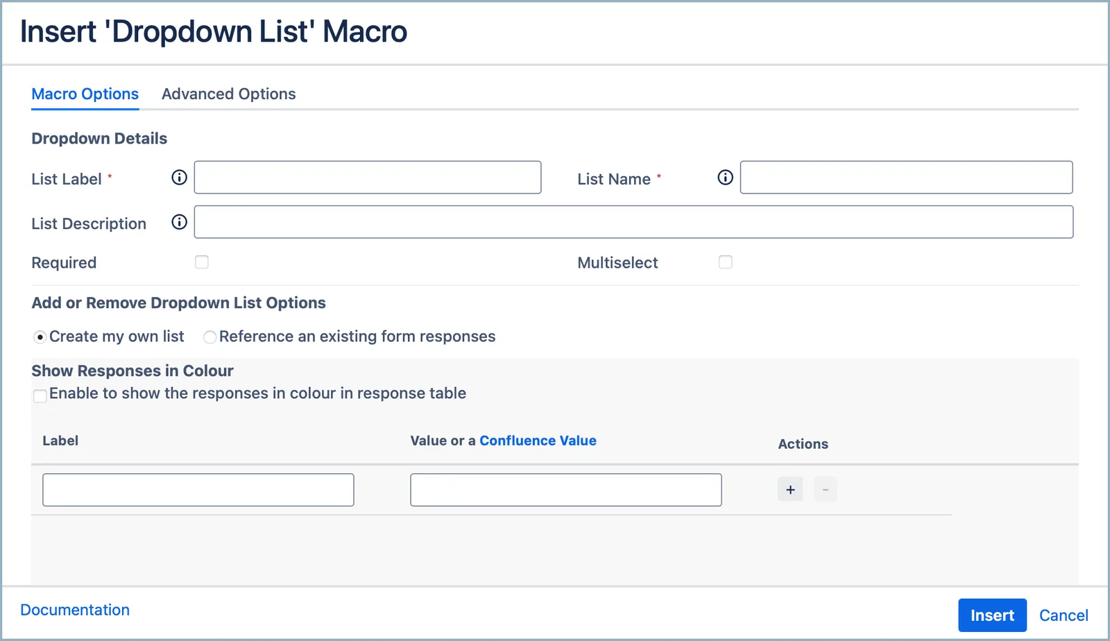 Dropdown List macro settings dialog showing configuration options