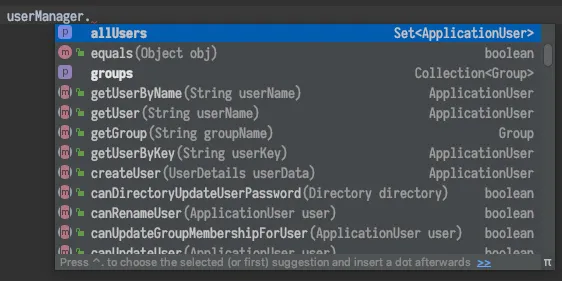 An IntelliJ list of available properties and methods.