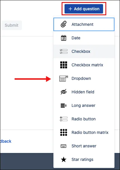 Form builder Add question menu with Dropdown option highlighted
