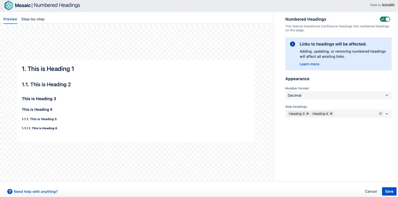 Skip headings settings panel showing Heading 3 selected so H3 headings are not numbered
