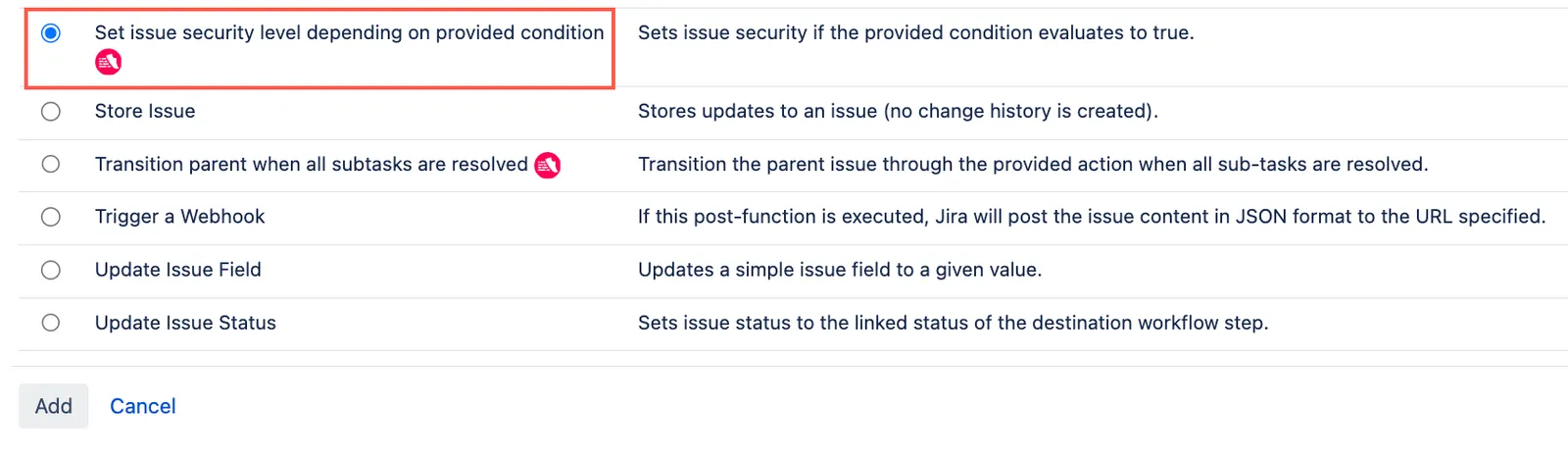 Set issue security level post function selected.