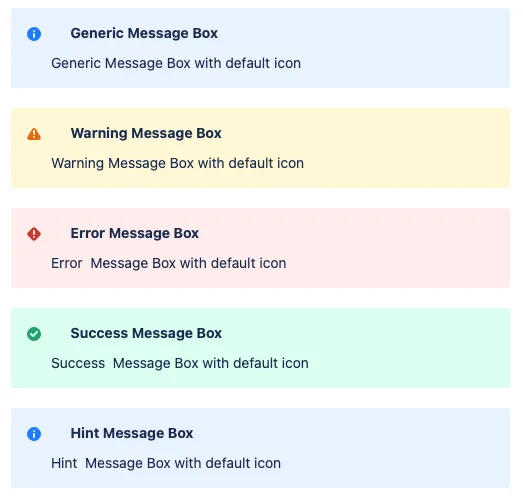 Examples of different message box styles and layouts in the user interface