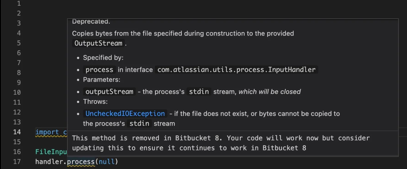 Example of a warning message in Bitbucket indicating removed methods, classes, and fields from a previous major version.