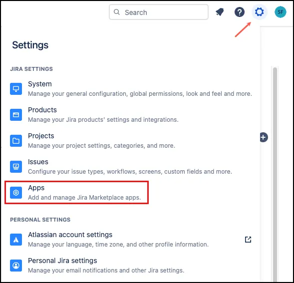 Apps setting in the Jira Settings of the Administrator menu.