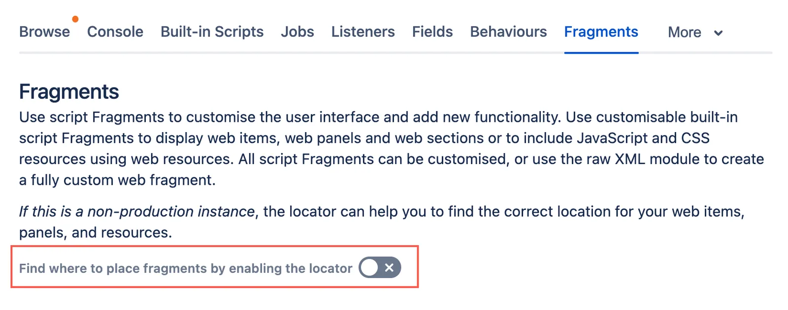 Fragments page with the locator toggle highlighted