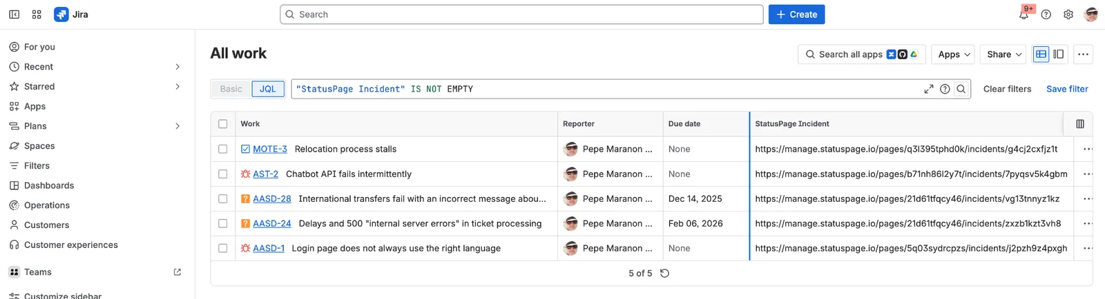 Jira issue search results filtered with a JQL query where the StatusPage Incident custom field is not empty