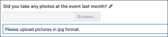 Confluence form question with description field showing text prompt to upload pictures in JPG format