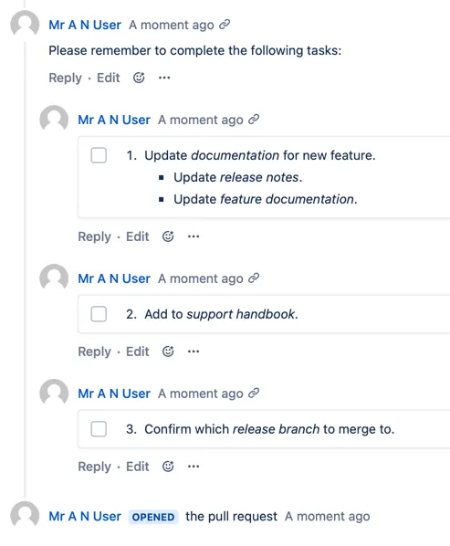 Example Bitbucket pull request showing tasks listed individually with checkboxes in the Tasks panel