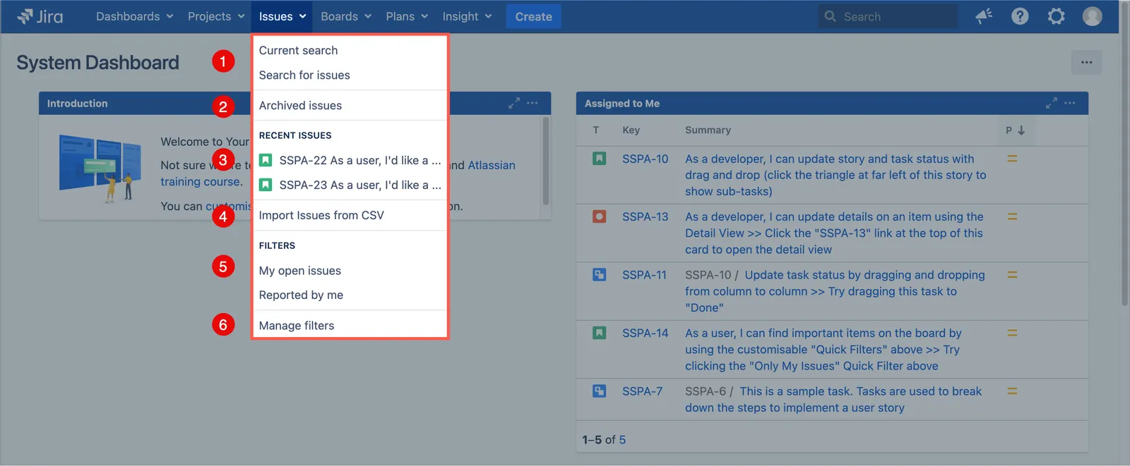 Jira Issues menu showing links for creating a new issue, viewing archived issues, recent issues, filters, and managing filters.