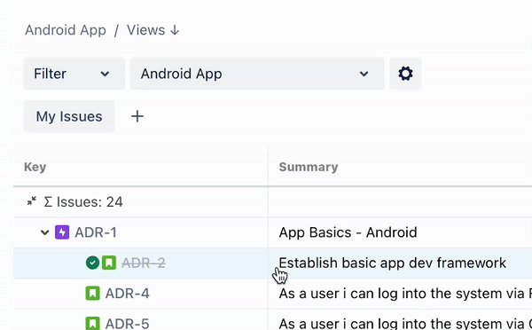 Animated GIF showing a user opening the drop-down to switch between a Jira filter and JQL, then selecting each option to demonstrate how to change the selection.