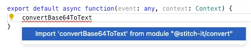 Code snippet with underlined text in JavaScript editor. Shows a function setup and a suggestion to import a module for conversion, conveying a development context.