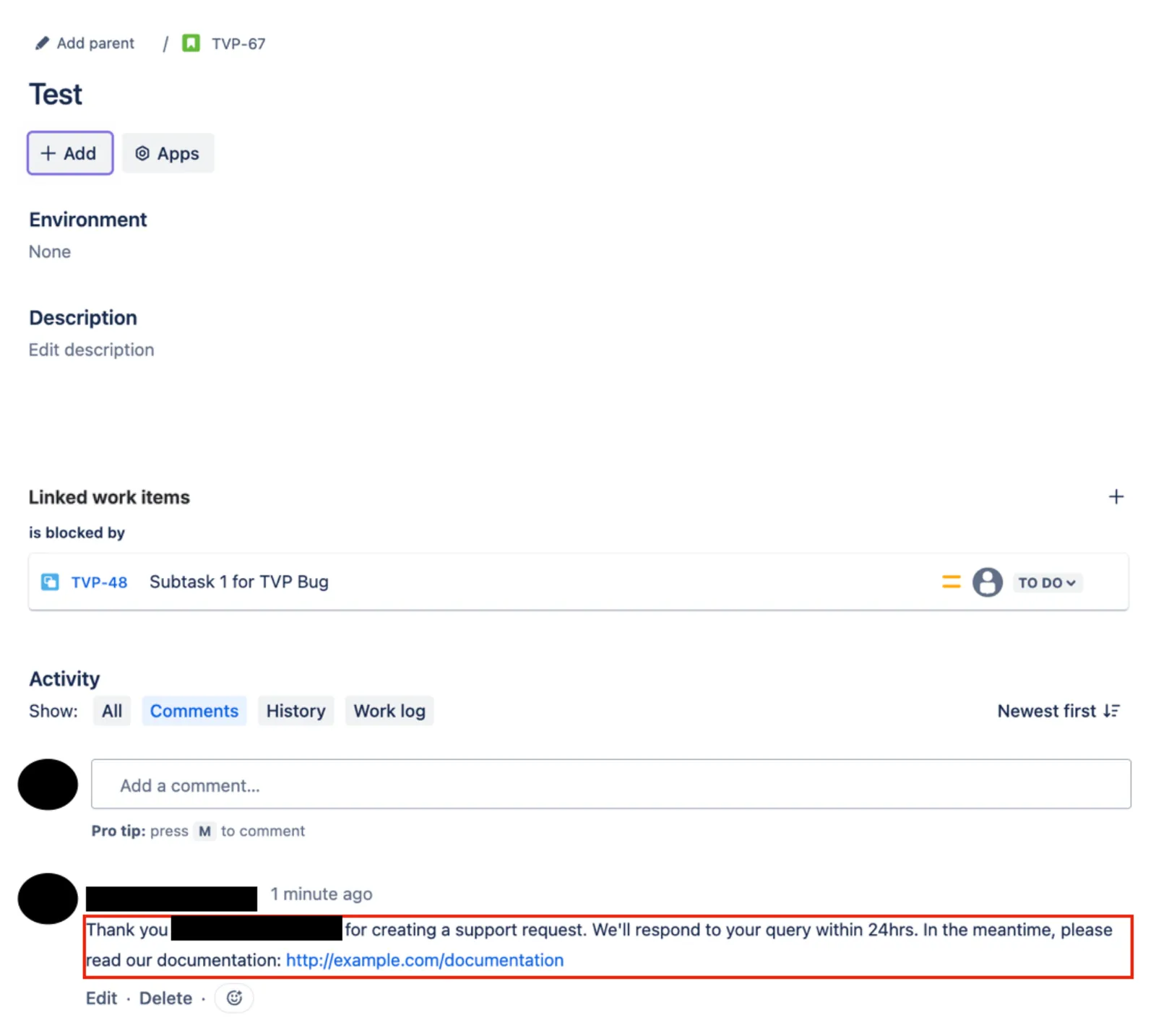 Example of an automatically added comment on a newly created Jira work item using a HAPI script listener.