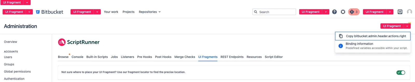UI Fragments interface showing fragment locations as buttons with a copy function