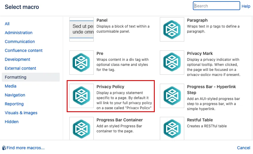 Macro Browser showing the Privacy Policy macro selected