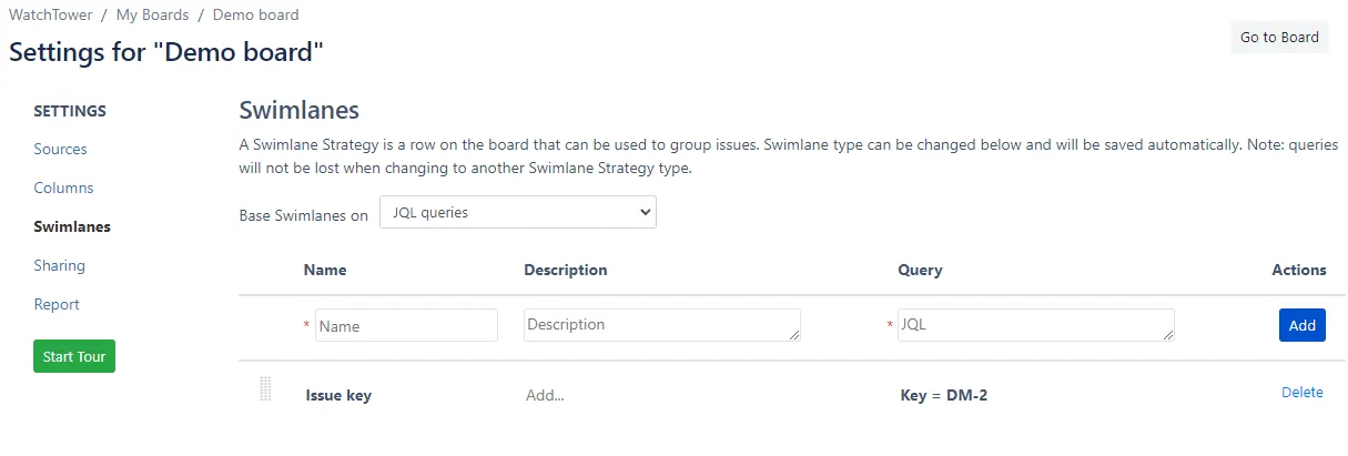 Image of the Swimlanes screen within Settings