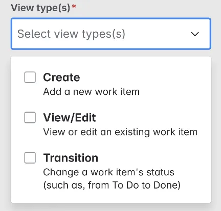 Behaviours View type options showing Create, View/Edit, and Transition selections in the ScriptRunner Behaviours configuration screen.