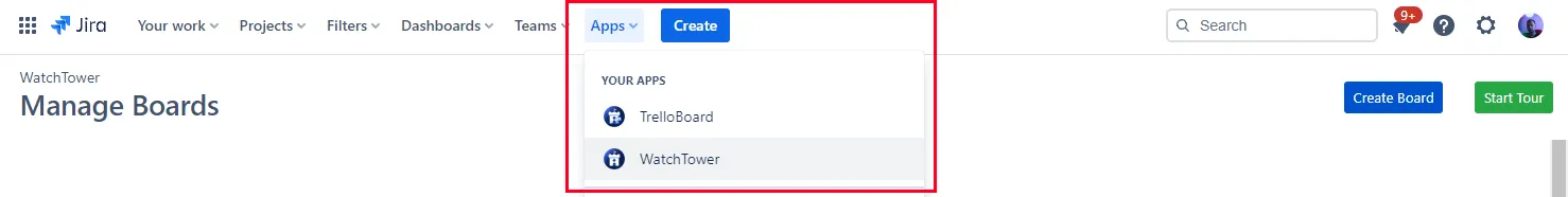 Image of Watchtower option in a menu in Jira