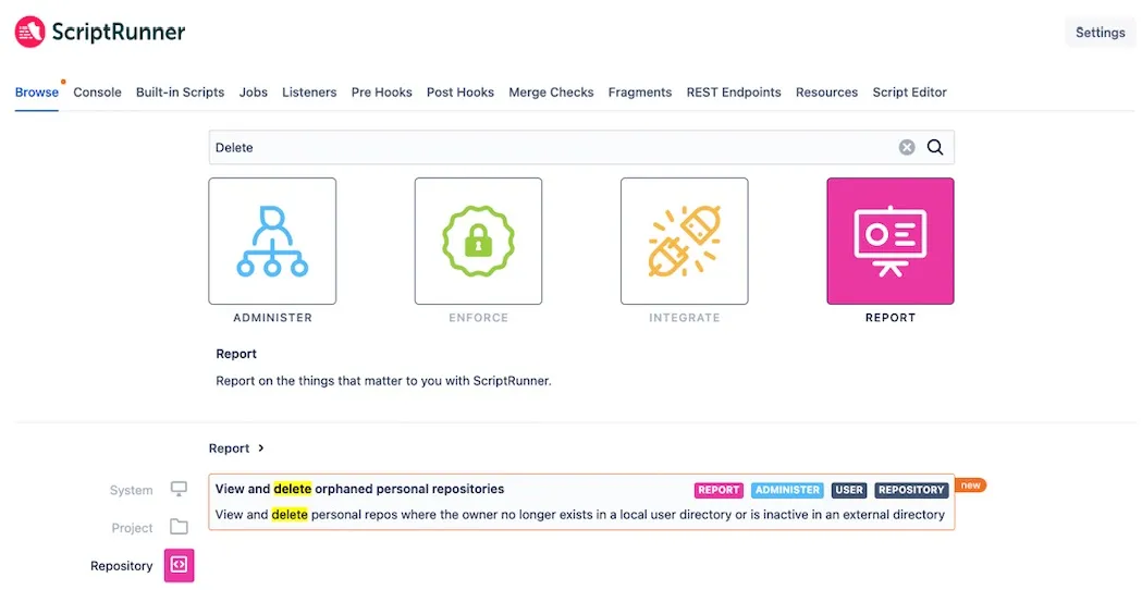 Browse search results with the Administer, Enforce, Integrate, and Report categories shown