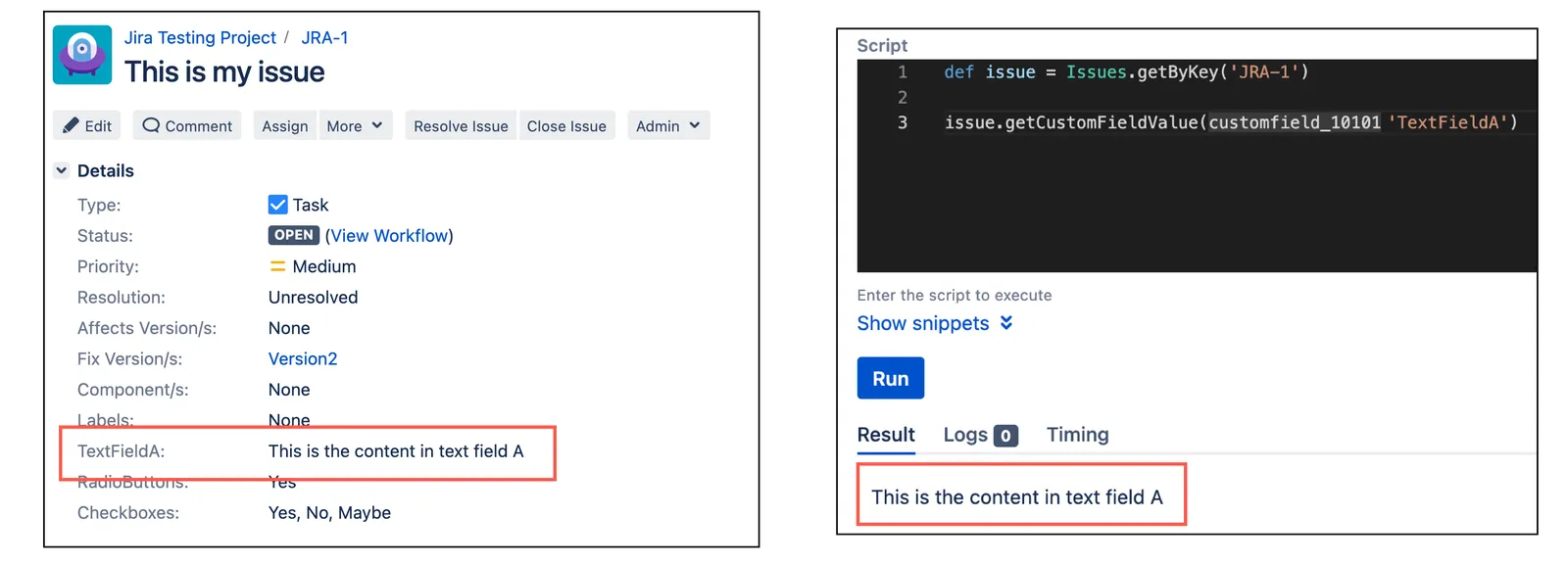 Example of reading custom field values in the HAPI UI, showing a custom text field and its current value.