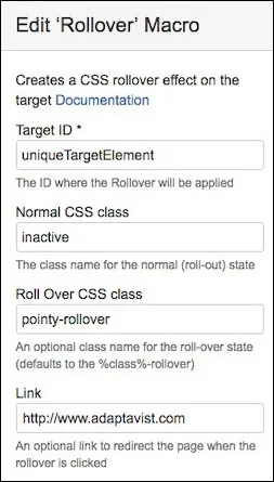 Confluence Edit Rollover Macro dialog showing fields for Normal CSS class, Roll Over CSS class, Link, and Target ID, used to configure a new Rollover macro.
