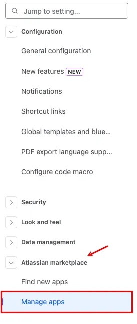 Confluence administration menu showing the Atlassian marketplace height=
