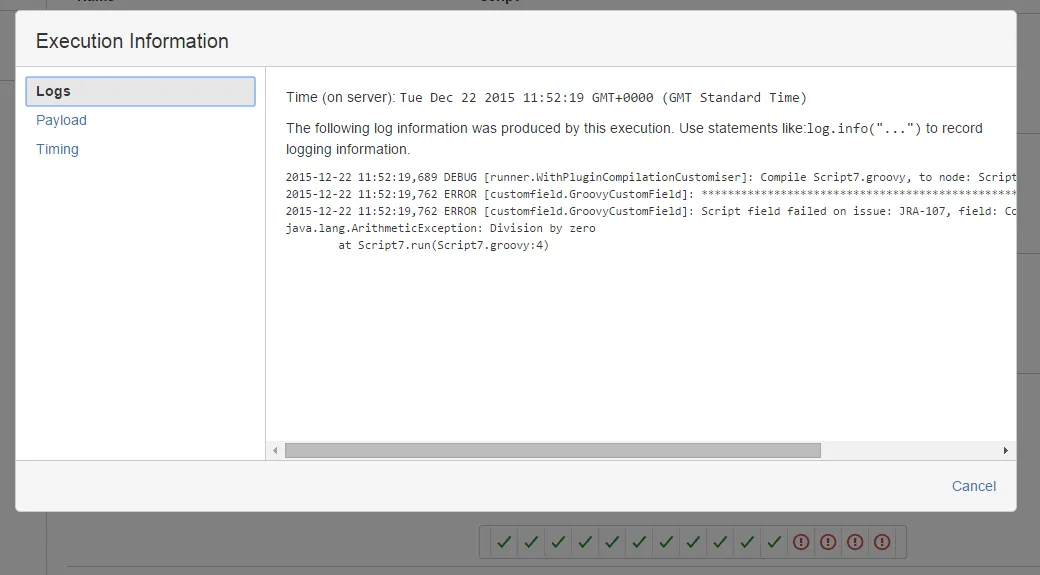 Dialog displaying failure details for a specific script invocation, including error message and execution metrics.