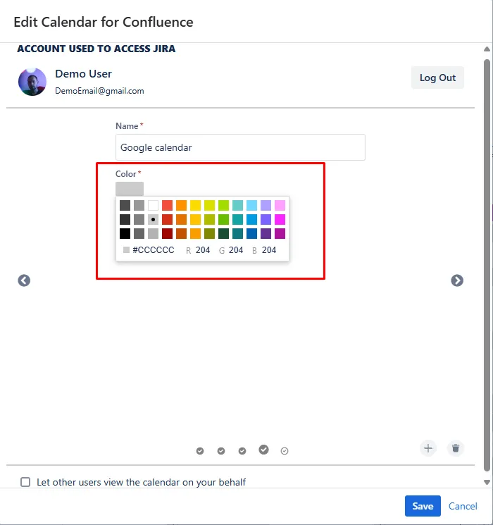 Calendar for Confluence edit mode showing multiple calendars with different colors and a note explaining that left-most calendars have higher priority