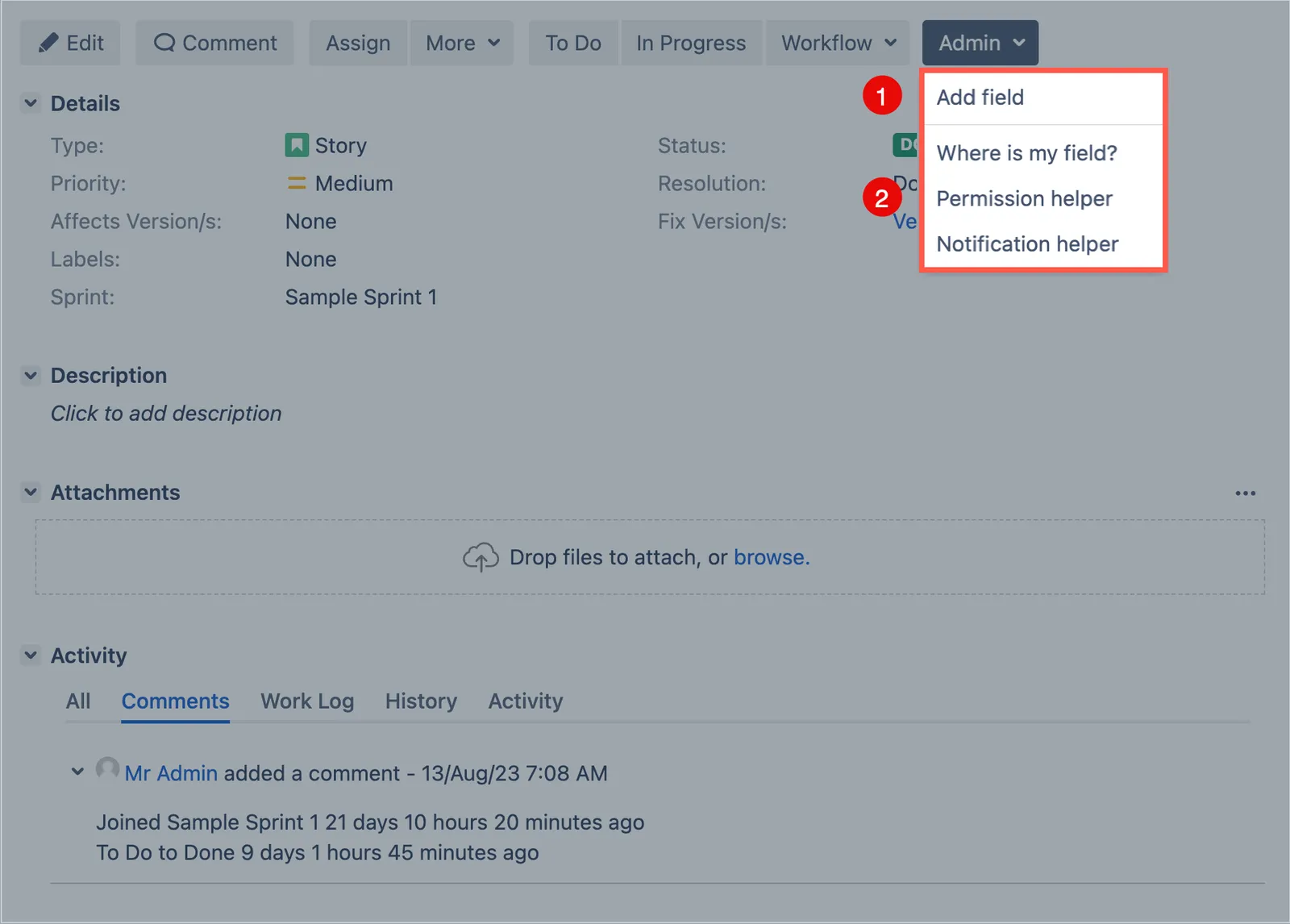 Issue page Admin tab showing the operations-fields and operations-admin-helper fragment locations