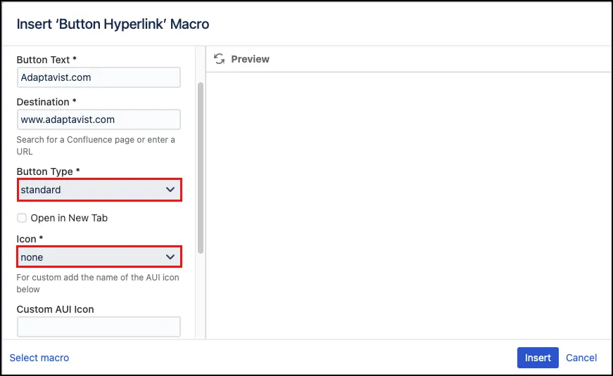 Macro editor settings for configuring a standard button without an icon