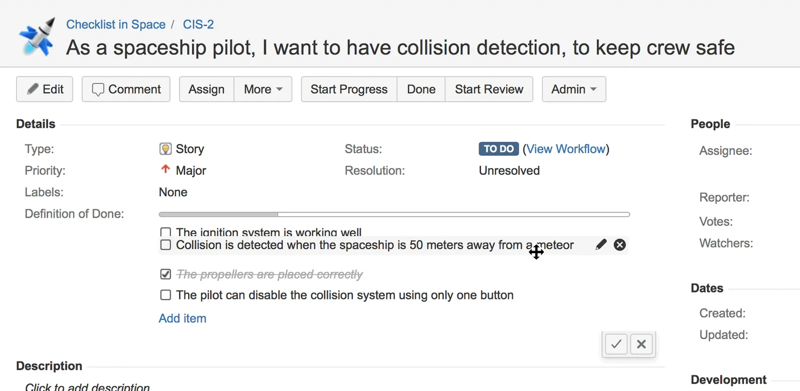 Checklist item being dragged up or down to change its position in the list.