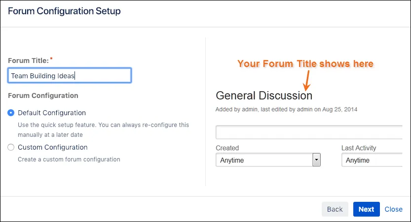 The Forum Configuration Setup window showing the Forum Title field and page title.