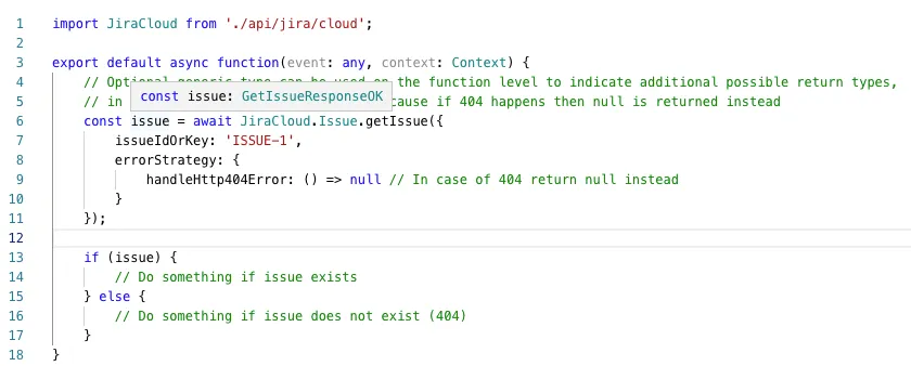 Code snippet for an asynchronous function in JavaScript that imports JiraCloud. It handles an issue retrieval with a strategy for 404 errors.
