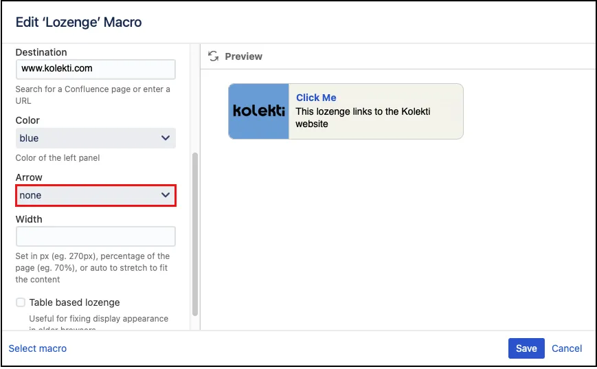 Lozenge link configuration options showing arrow color selection
