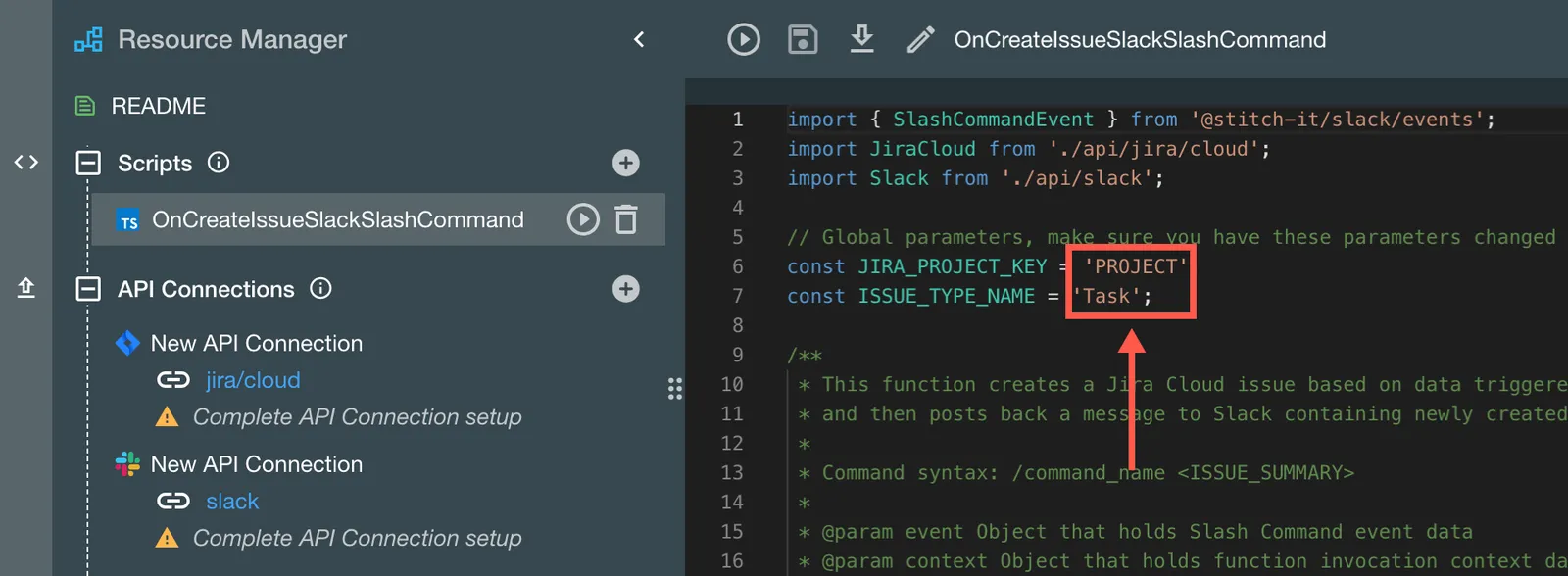 The Jira Issue_Type_Name parameter shown in the script.