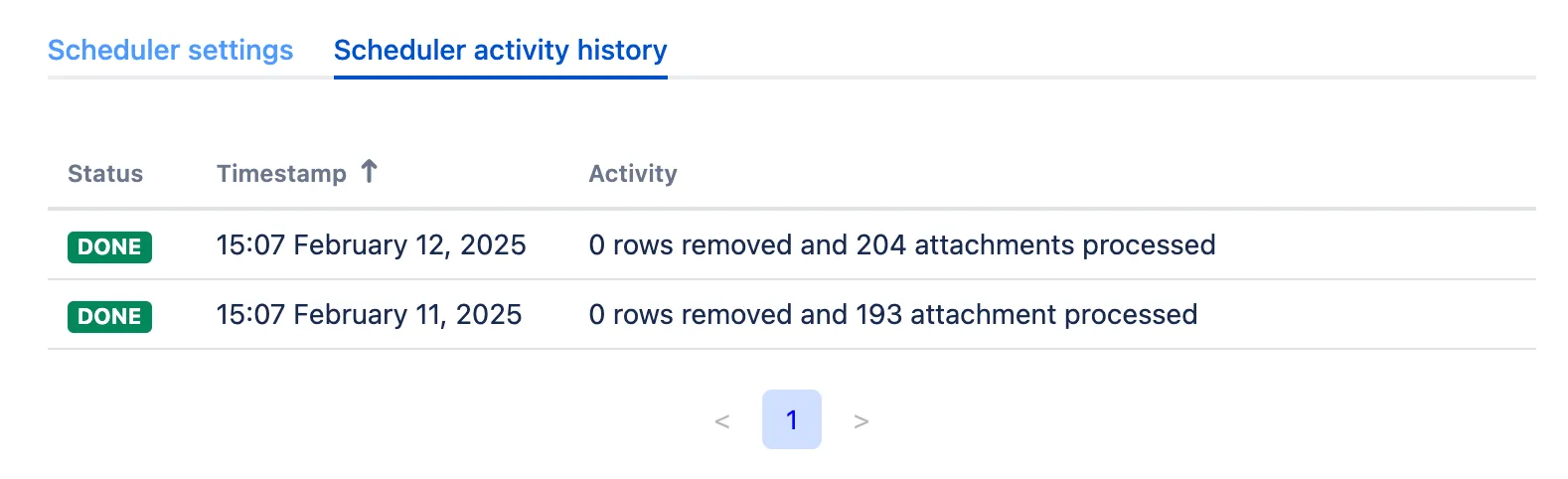 Scheduler activity history tab showing a sortable table of previous scans with Status and Timestamp columns.