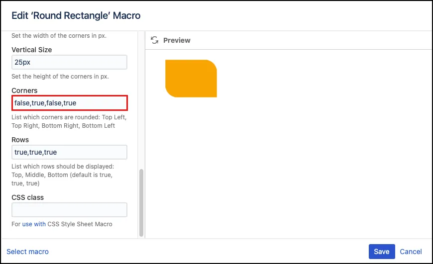 Round Rectangle dialog showing options to select which corners of a rectangle are rounded