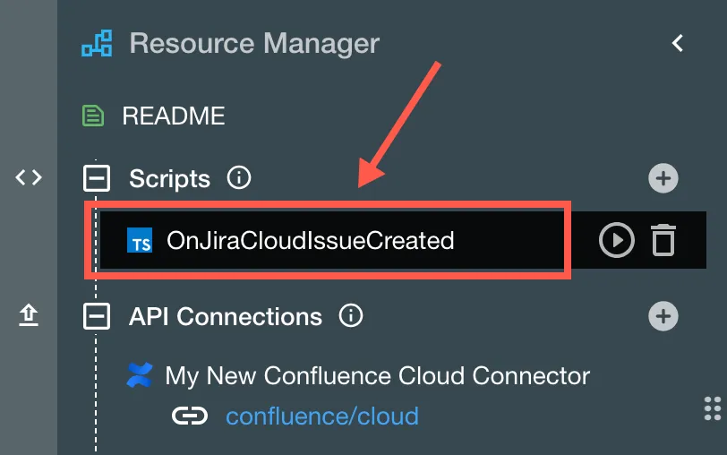 The OnJiraCloudIssueCreated script shown in the Resource Manager.