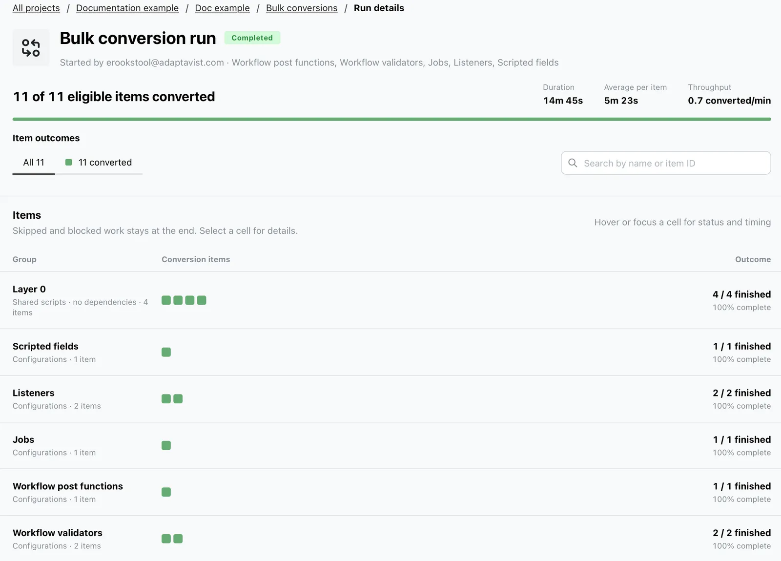 Conversion results screen