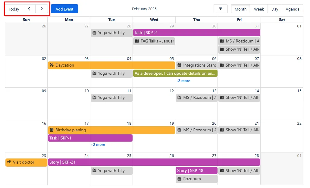 Calendar navigation controls showing Previous, Today, and Next buttons above the calendar view.