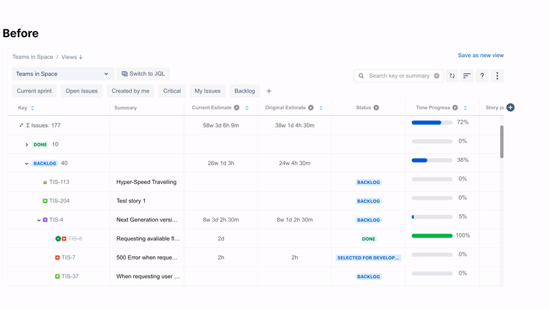 Animated GIF showing a compact board view with issue cards displayed closer together after the title and extra whitespace are removed.
