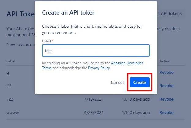 Image of Create button highlighted in the Create an API token pop-up