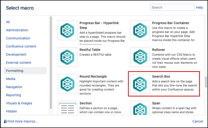 Macro Browser showing the Search Box macro selected