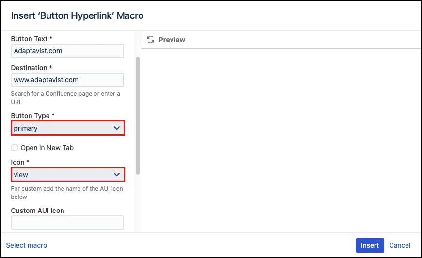 Macro editor settings for configuring a primary button with an icon