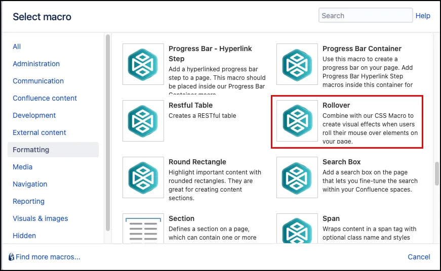 Macro Browser showing the Rollover macro selected