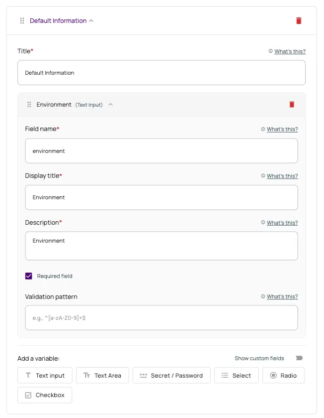 Step 1 fields for default information, including Title field, environmental fields, and options for adding variables.