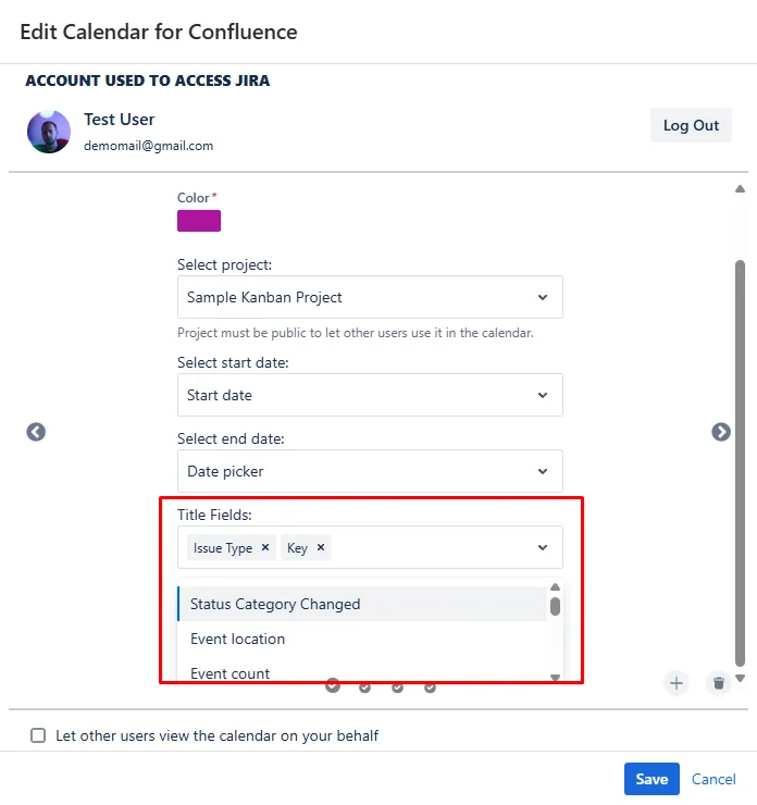 Calendar for Confluence edit view showing the Title Fields section with multiple Jira fields selected for display in the issue title