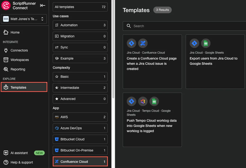 The Confluence Cloud option shown in the Templates view.