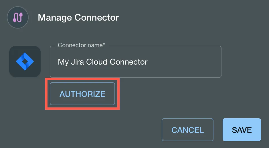 The Authorize button highlighted in the Manage Connector dialog.