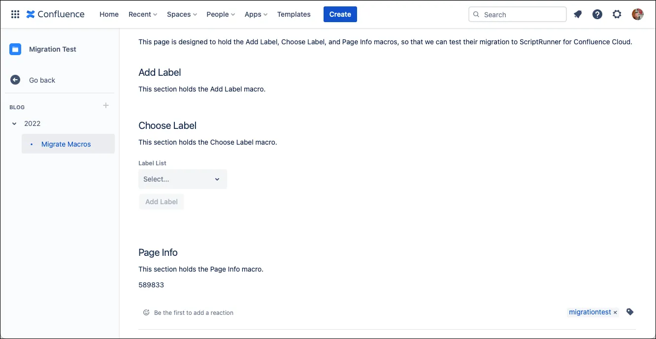 An example page, refreshed, showing the converted macro.