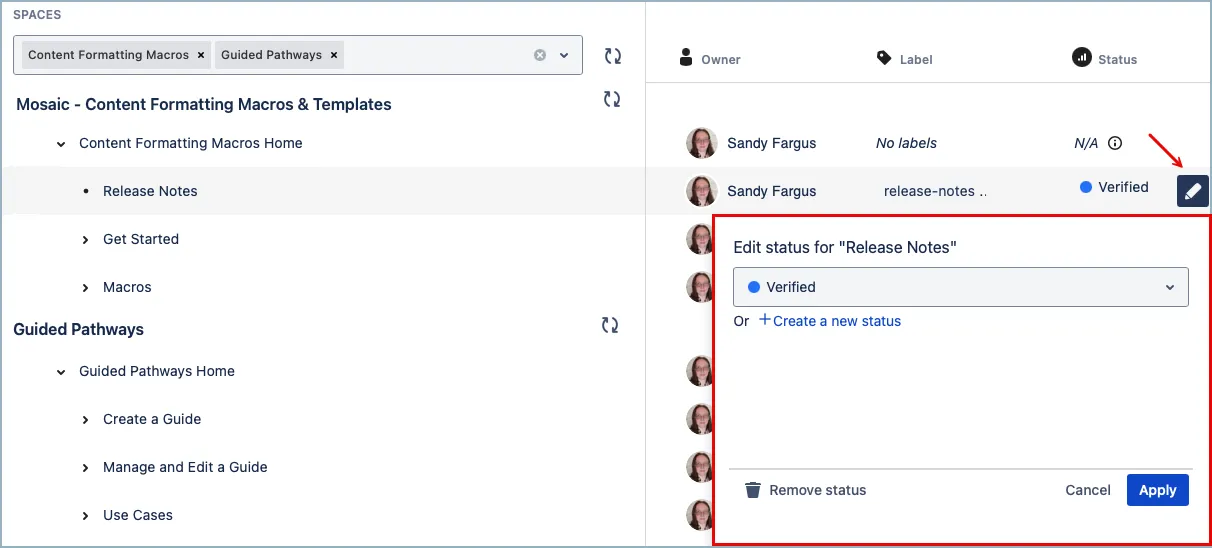 Page status column with the edit icon highlighted for updating the page status.